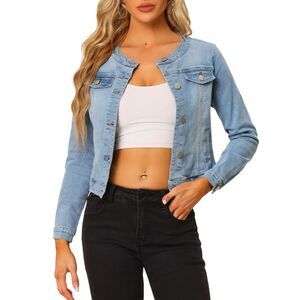 Denim Jacket Button Down Collarless Long Sleeve Jean Jackets Light Blue